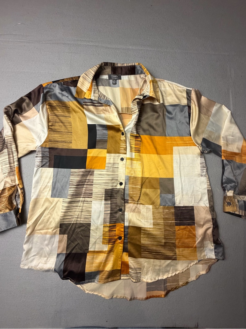 Ninety Geometric Patchwork Button-Down Shirt in Mustard, Brown & Gray M